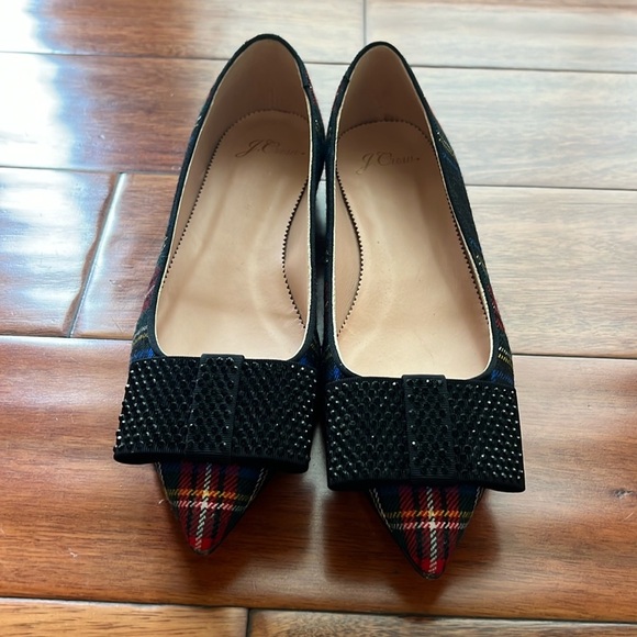 J. Crew Shoes - J.Crew Pointy Toe Tartan Plaid Flat with Crystal Black Bow Size 7.5